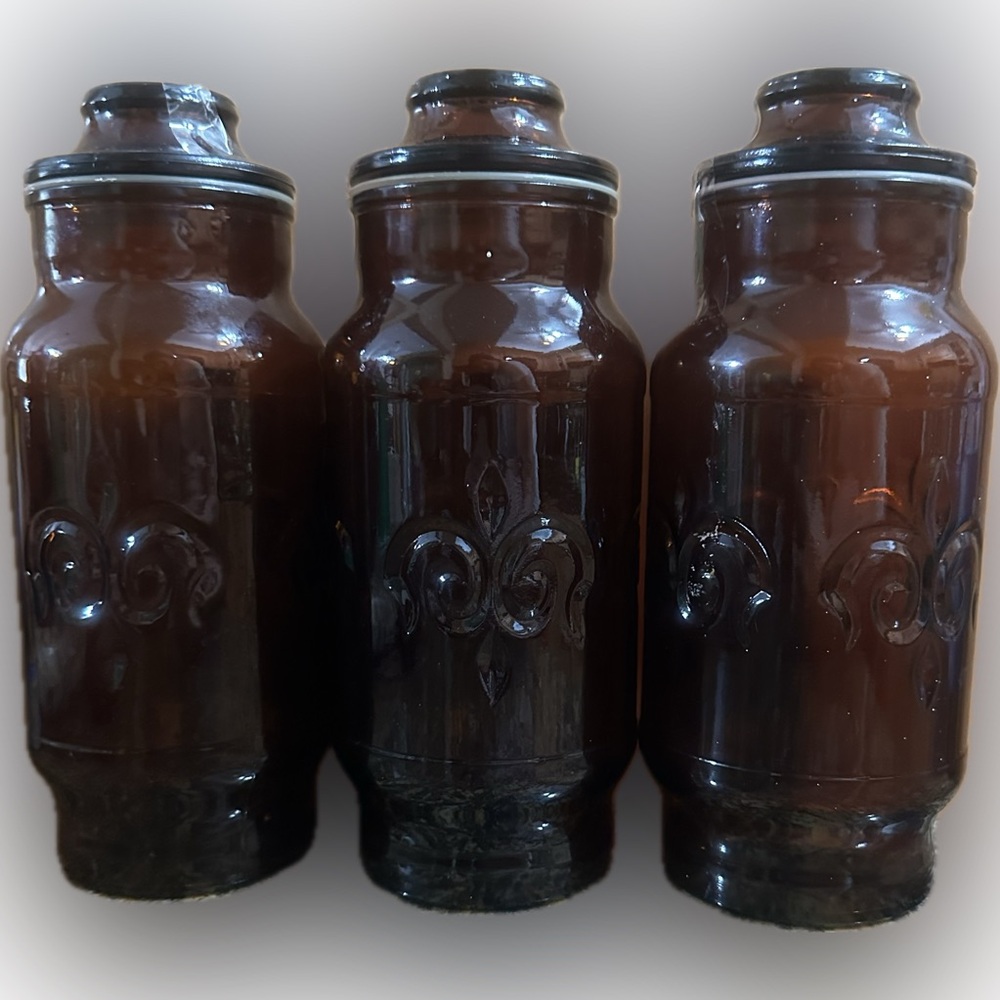 Vintage 1970s Borden Glass Apothecary Jar Dark Amber Brown Fleur de Lis 9" (3)